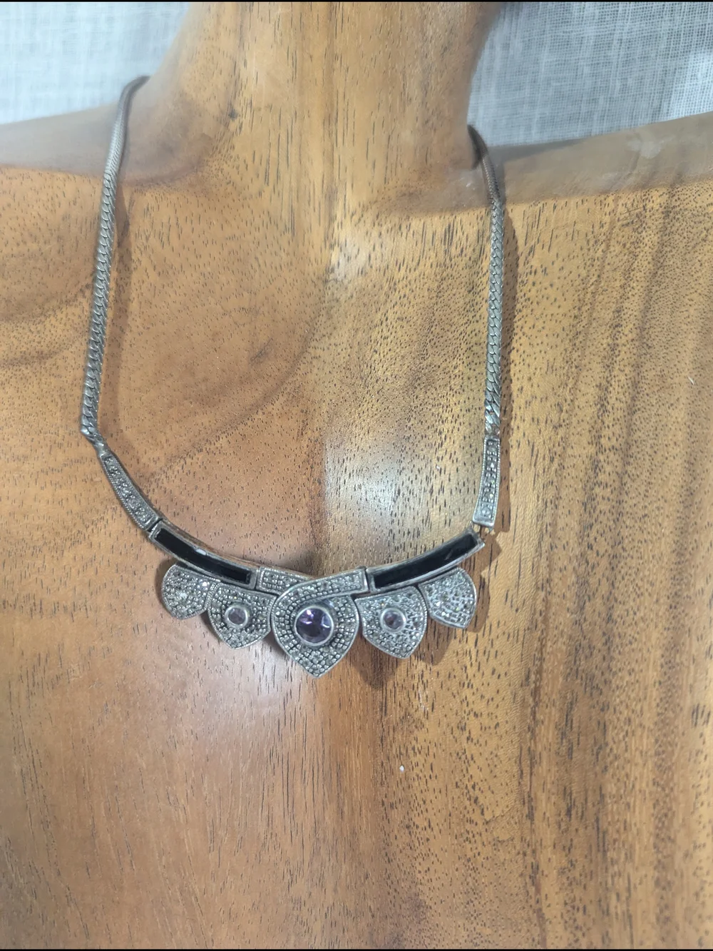 NWT Sterling Silver Tone Tribal Fan Pendant Necklace Marcasite Amethyst New